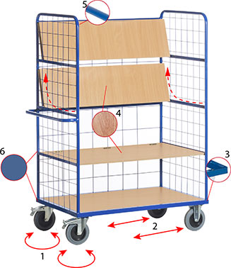 Chariot à étages - 2 dossiers grillagés - 1 ridelle grillagée - 4 plateaux dont 3 étagères repliables