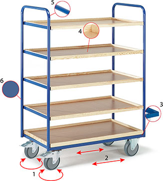Chariot à étages - 2 dossiers tubulaires - 5 plateaux à rebords