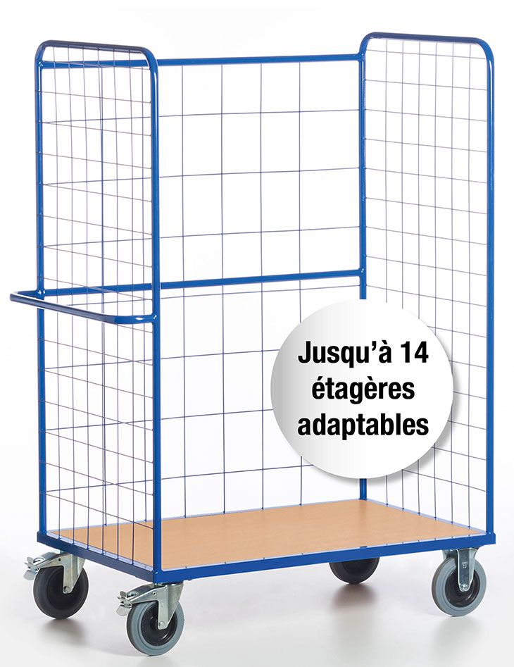 Chariot à étages - 2 dossiers grillagés - 1 ridelle grillagée - Jusqu'à 14 étagères adaptables