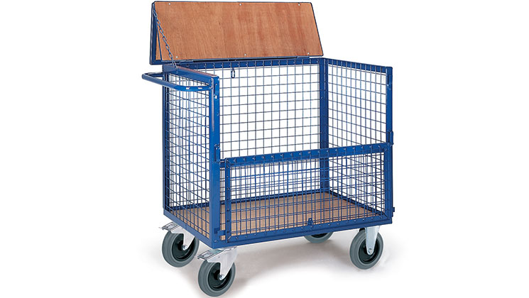 Chariot conteneur grillagé avec couvercle